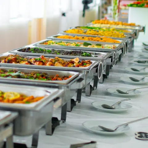 Styled buffet line with multiple chafing dishes