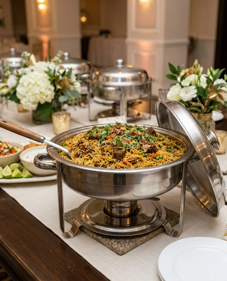 Rice chafing dish at an elegant table setting